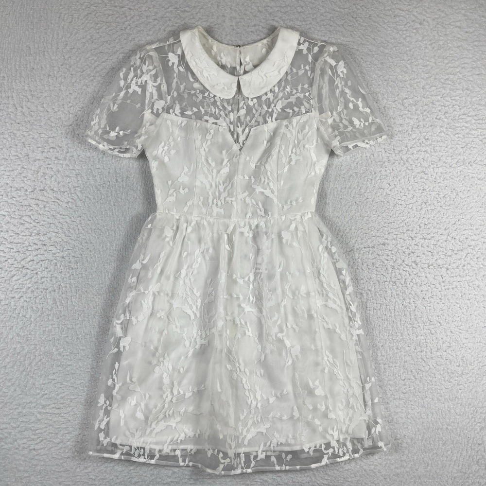 BCBGeneration Fit & Flare Mini Dress Womens 0 White Floral Mesh Peter Pan Collar